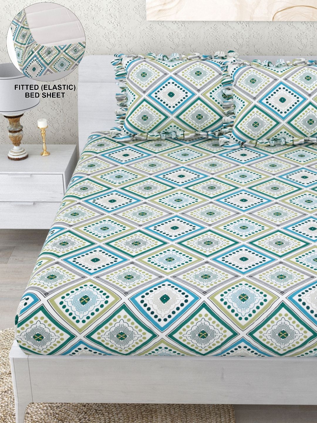 DREAM WEAVERZ White Geometric Printed Fitted 260 TC Double King Bedsheet & 2 Pillow Covers-image-32