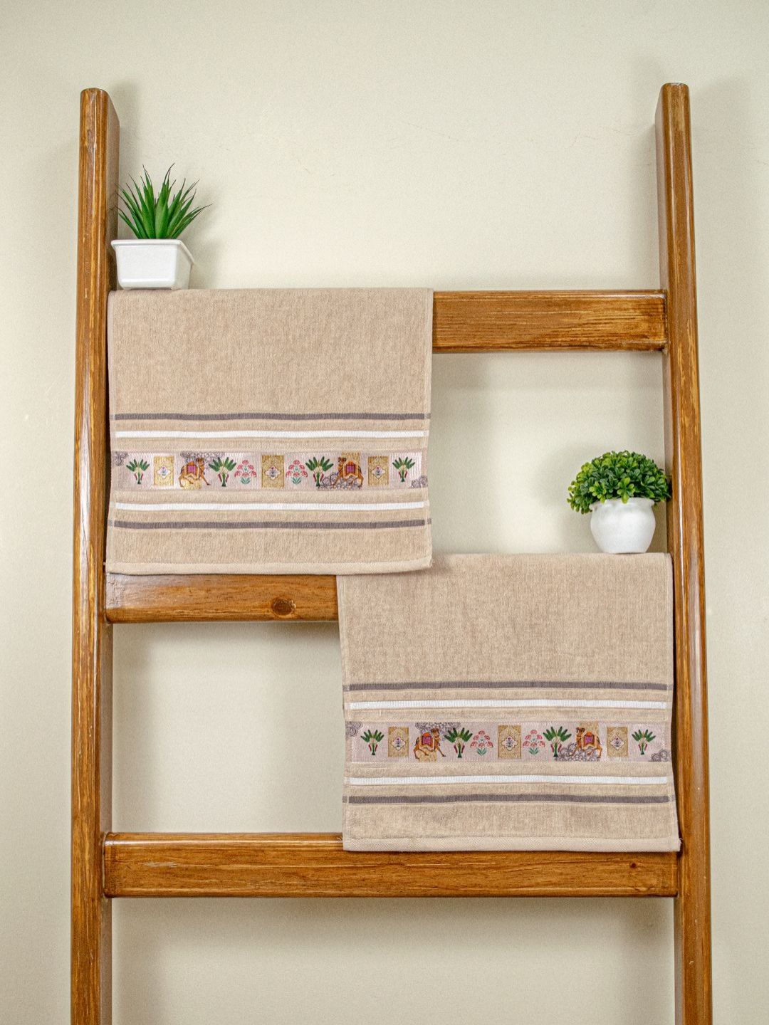 RANGOLI 2-Pcs Brown & White Pure Cotton Hand Towel-image-24