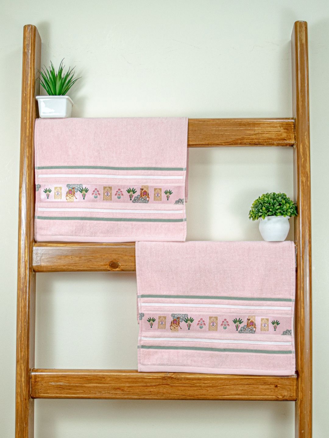 RANGOLI Unisex 2-Pcs Peach & Green 460 GSM Printed Cotton Hand Towels-image-40