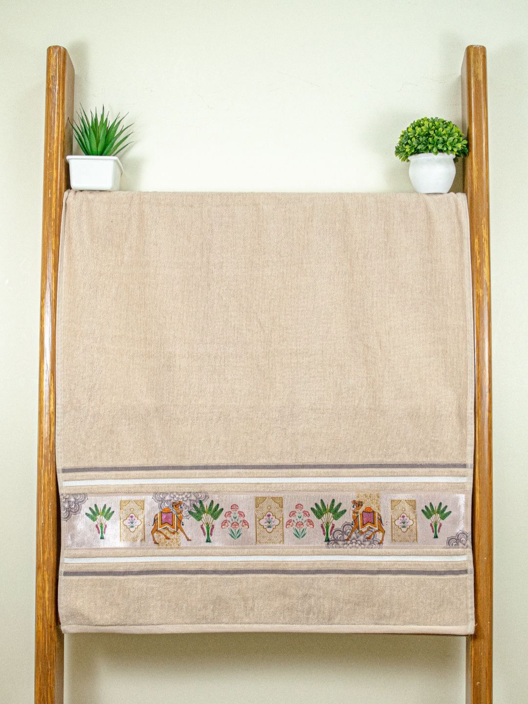 RANGOLI Beige & Green 1 Printed Cotton 460 GSM Bath Towel-image-12