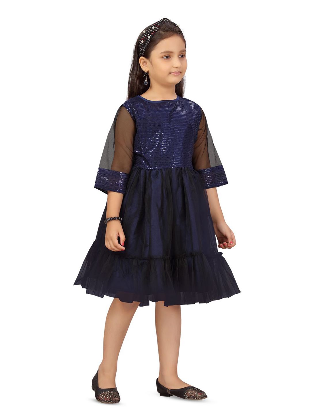 BAESD Embellished Flared Sleeve Net Fit & Flare Dress-picture-56