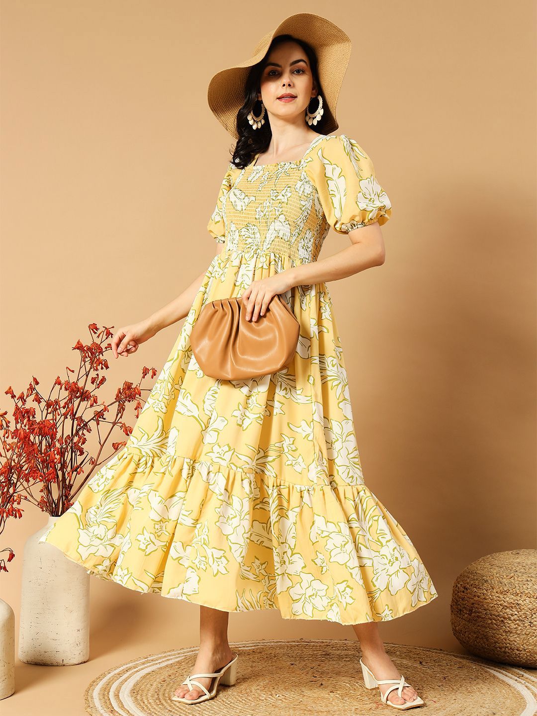 Floral Printed Puff Sleeves Georgette Midi Ethnic Dress With Ruffles Detail