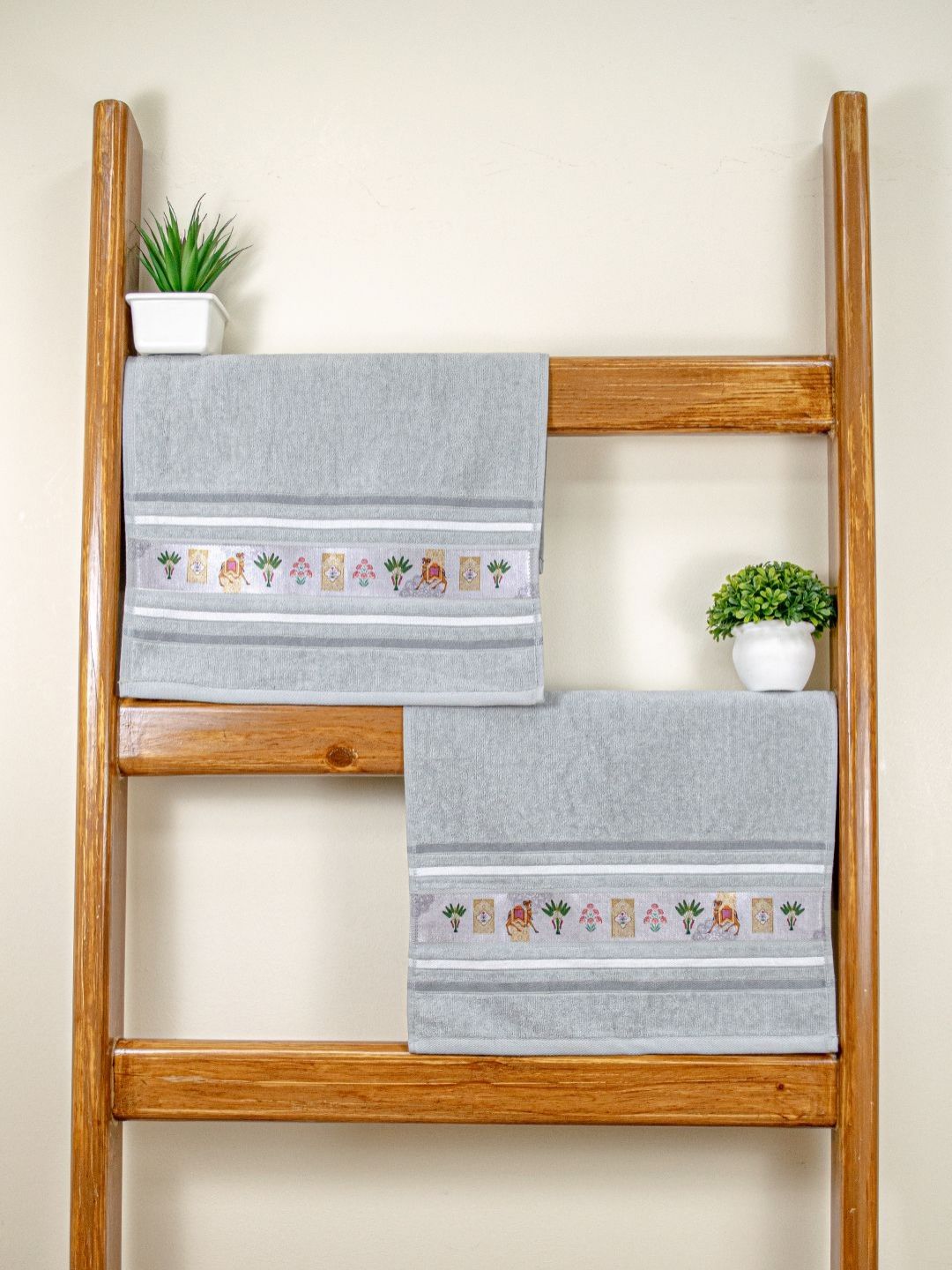 RANGOLI 2-Pcs Grey & White Pure Cotton Hand Towel-image-16
