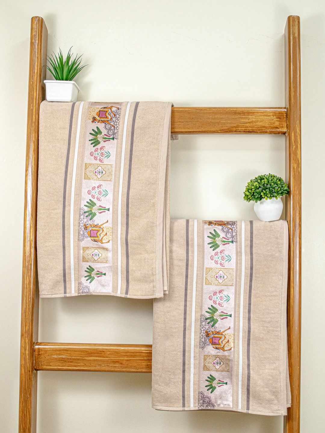 RANGOLI Beige & Green 2 Printed Cotton 460 GSM Bath Towel-image-18