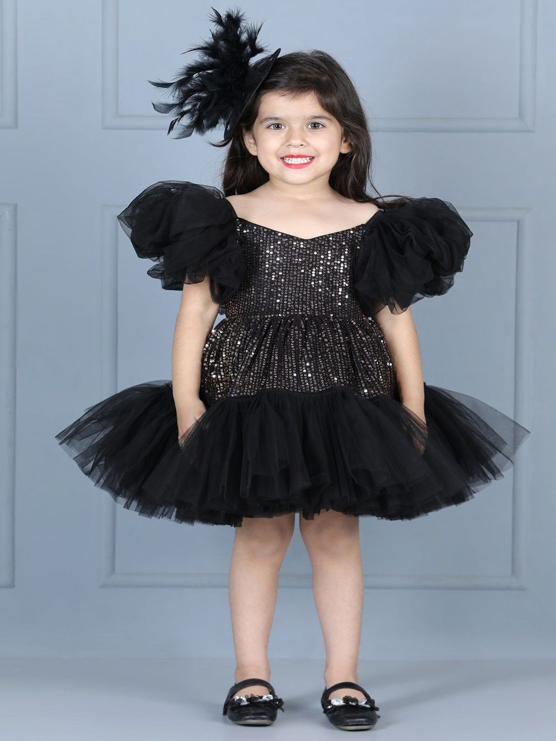 THE LITTLE CELEBS Girls Embellished Sequined Flutter Sleeves Net A-Line Dress-picture-28