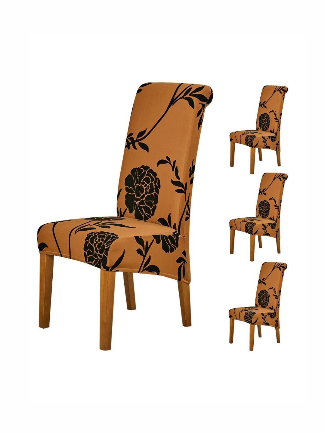 HOKIPO Brown & Black 4 Pieces Printed 140 GSM Stretchable Chair Covers-picture-18