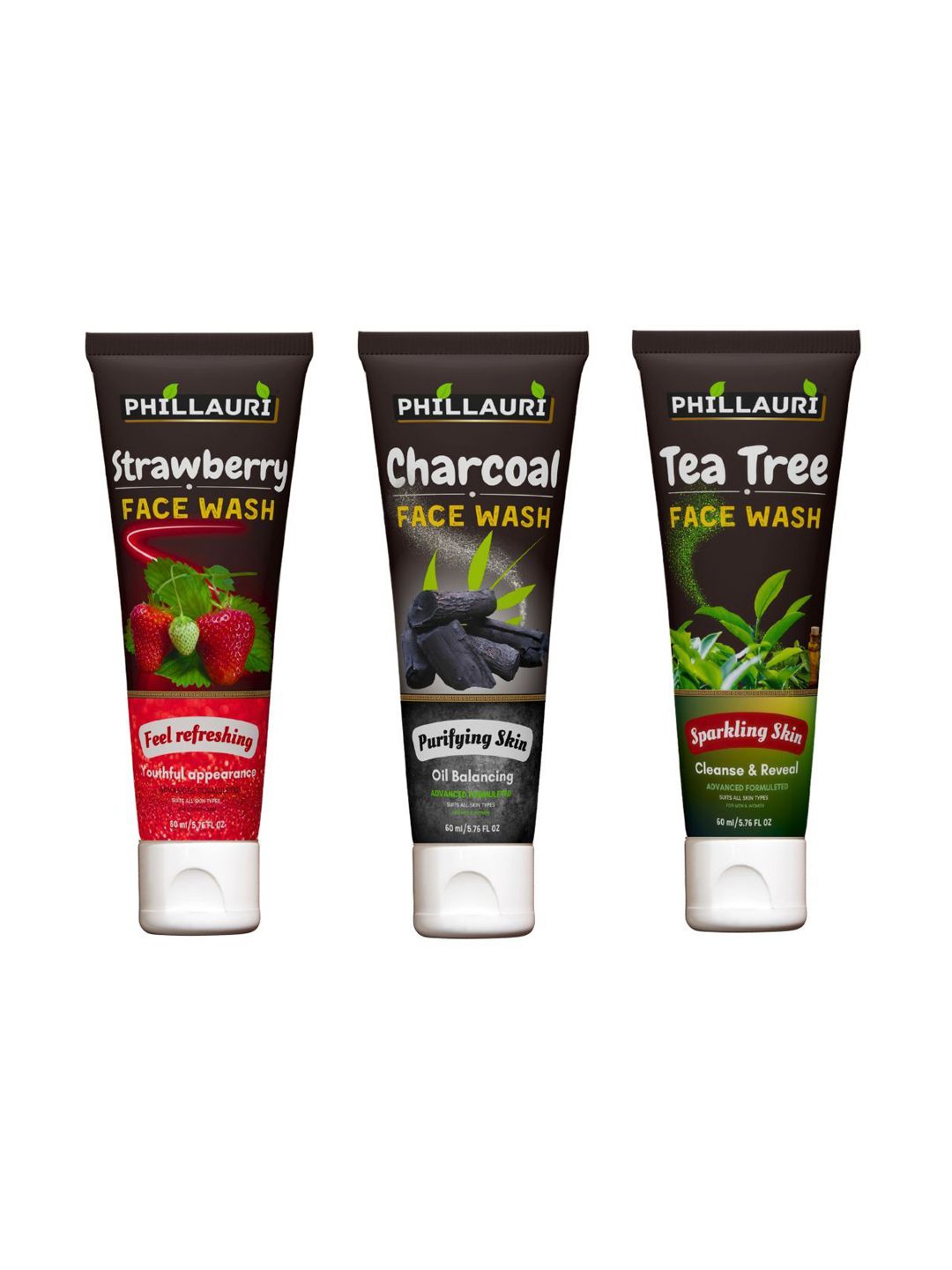 Phillauri Set Of 3 Charcoal Strawberry & Tea Tree Face Wash For Deep Cleansing-60ml Each-image-31