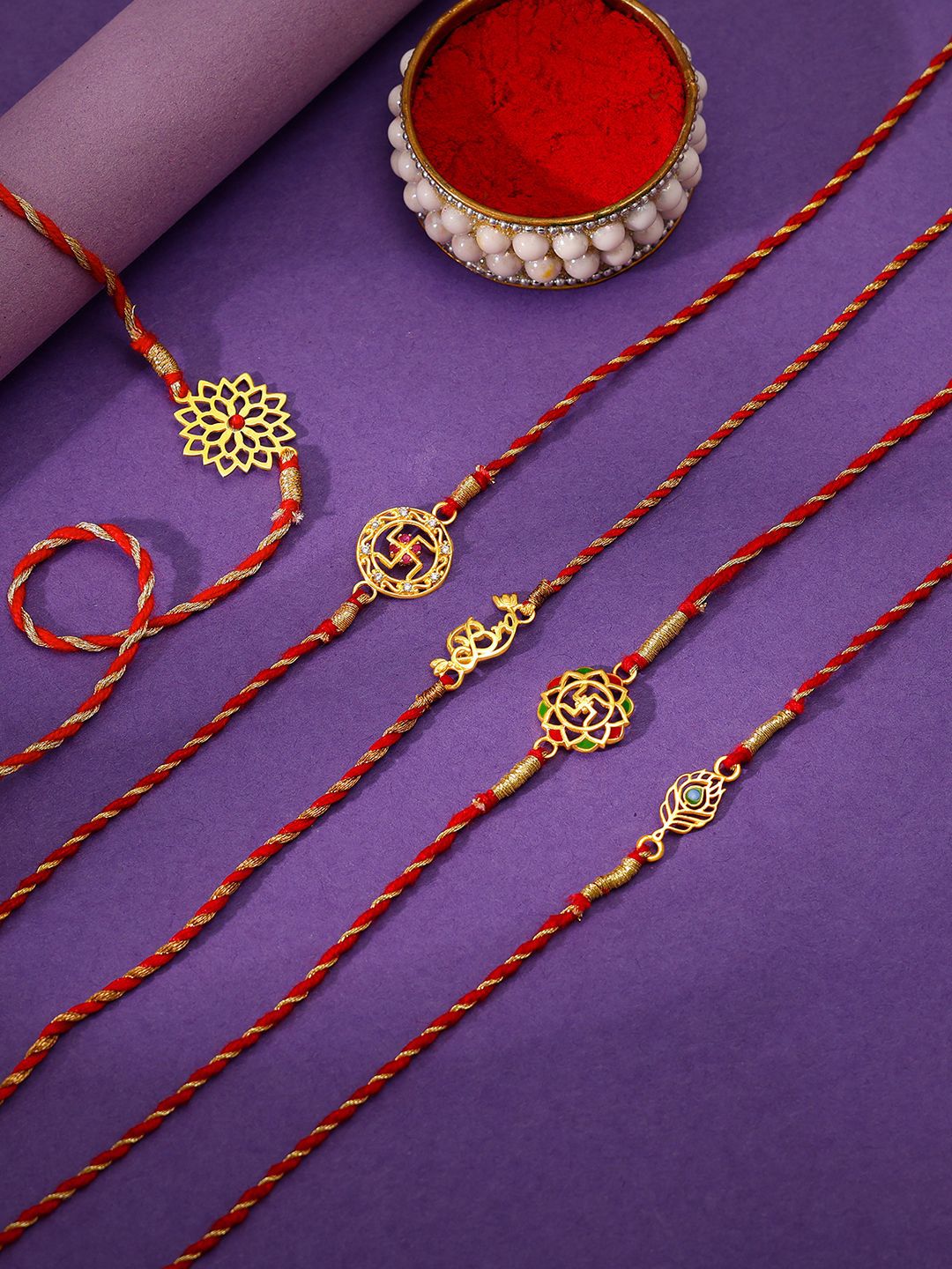 GIVA 925 Sterling SilverSet Of 5 Stone Studded Floral & Swastick Rakhi With Roli & Rice-picture-30