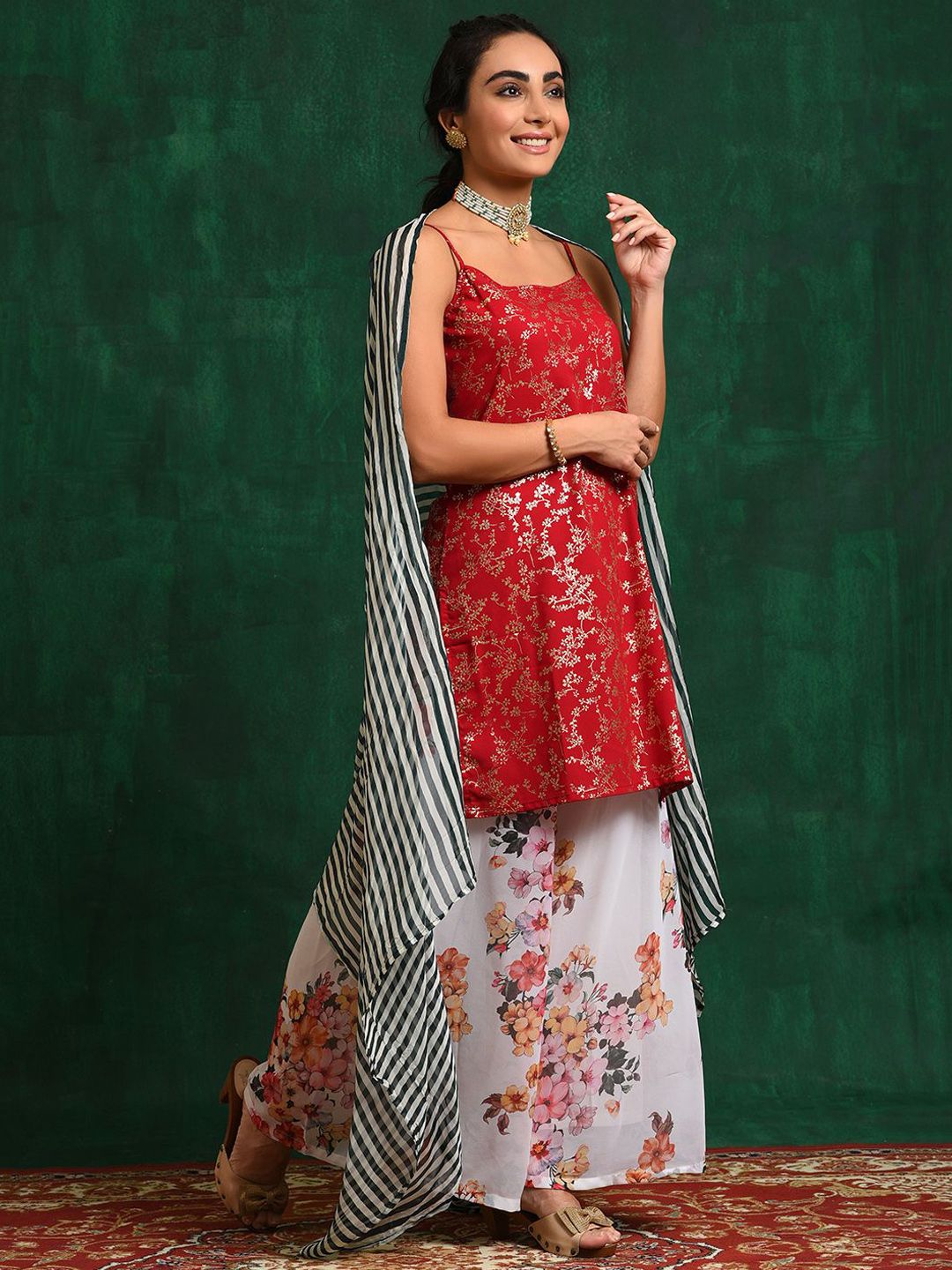 Sangria Red & White Floral Printed Zari Georgette Straight Kurta With Palazzo & Dupatta