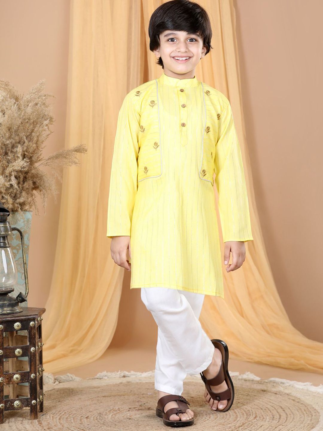 Sangria Yellow Boys Striped Embroidered Thread Work Pure Cotton Kurta & Pyjamas-image-3