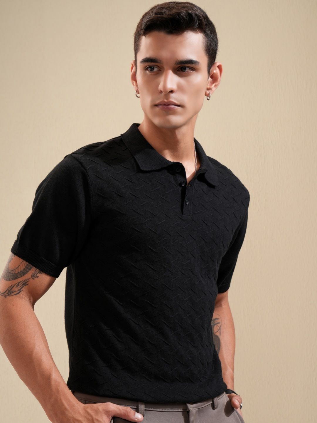 HIGHLANDER Men Self Design Polo Collar Cotton Relaxed Fit T-shirt-picture-39