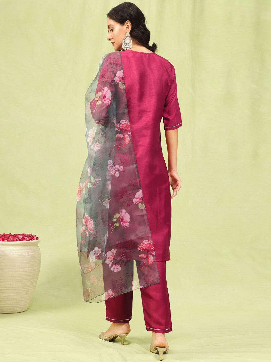 VredeVogel Set Di Pantaloni Kurta In Misto Seta Con Dupatta Chanderi Ricamata - Abito Tradizionale Donna, Scollo A V, Maniche 3/4, Taglie S-2XL