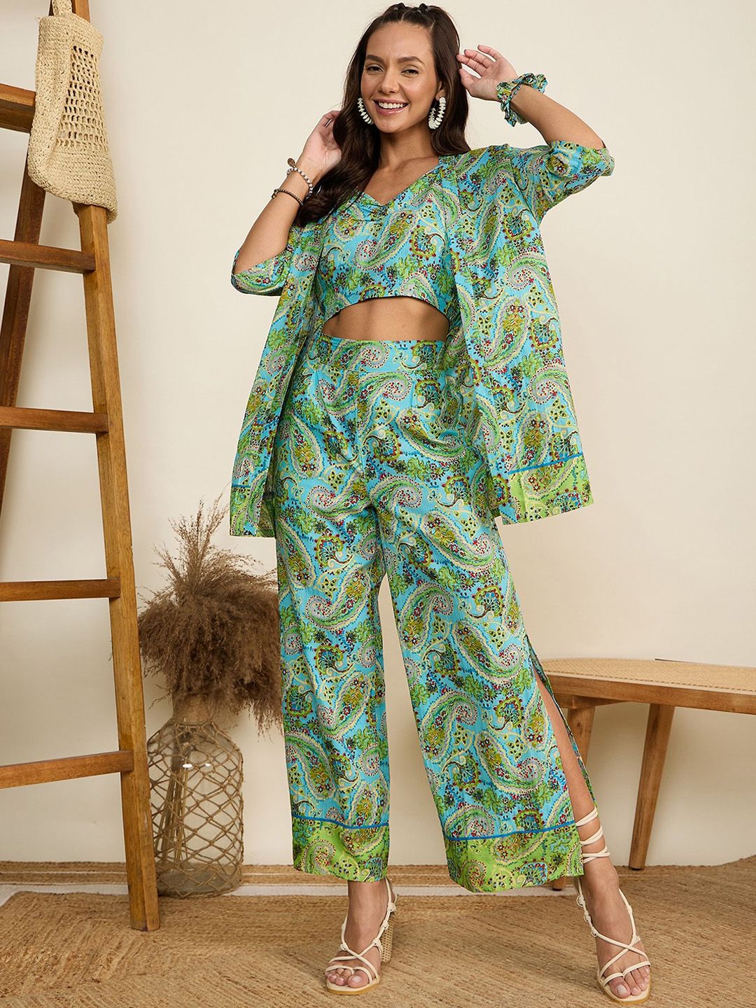 WineRed Paisley Printed Pure Cotton Top With Trouser & Shrug