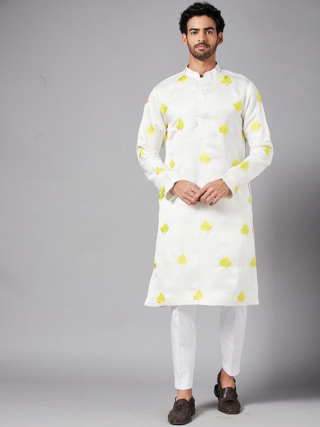 HILO DESIGN Floral Embroidered Mandarin Collar Linen Straight Kurta-picture-17