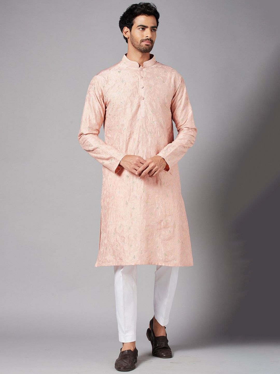HILO DESIGN Floral Embroidered Mandarin Collar Thread Work Straight Silk Kurta-picture-18