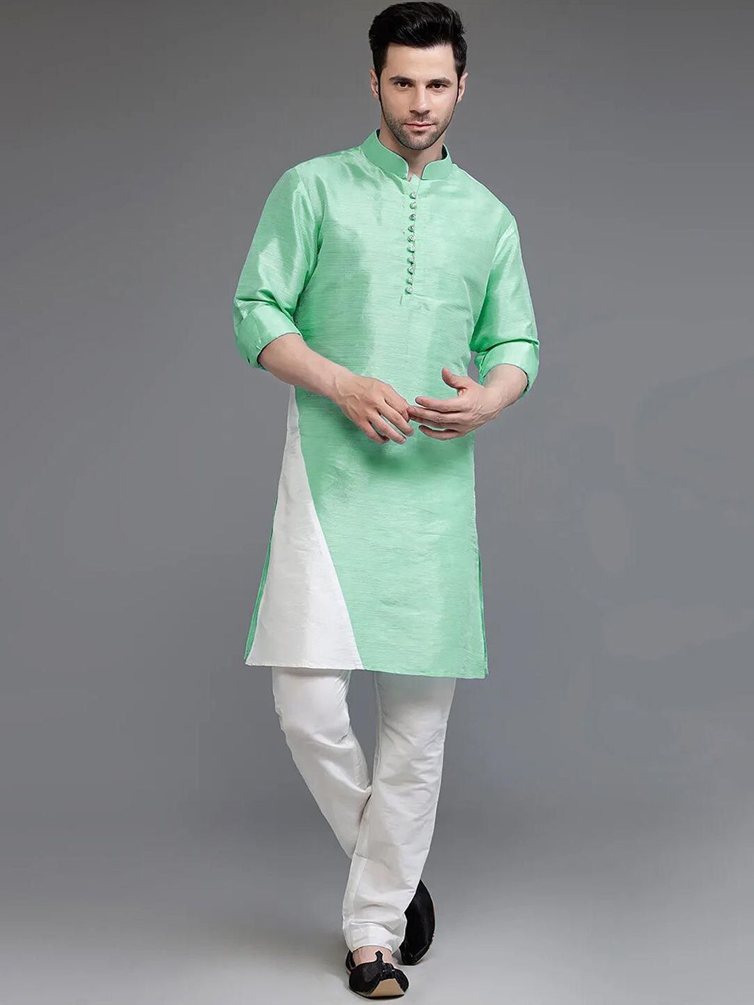Utsav Fashion Men Colourblocked High Slit Dupion Silk Kurta with Trousers-picture-29