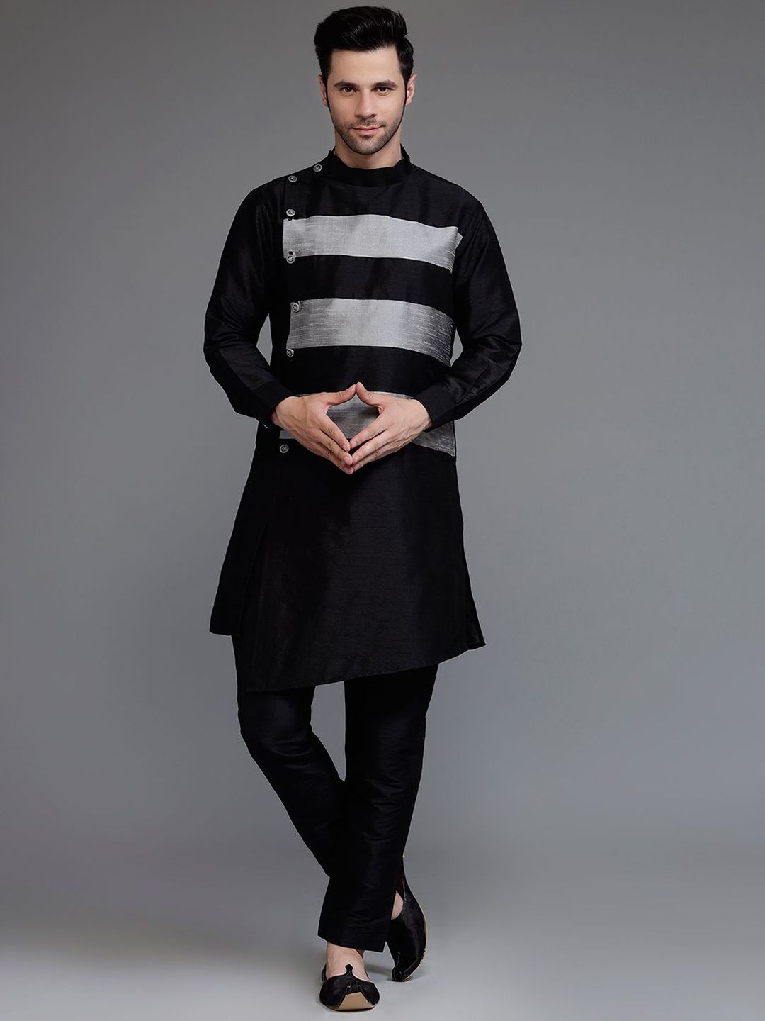 Utsav Fashion Men Colourblocked Panelled Dupion Silk Kurta with Trousers-picture-30