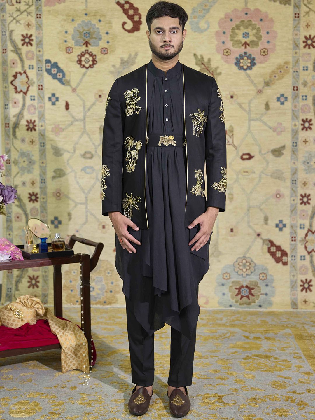 Agrajain Men Animal Embroidered Pleated Zardozi Kurta with Trousers-picture-47