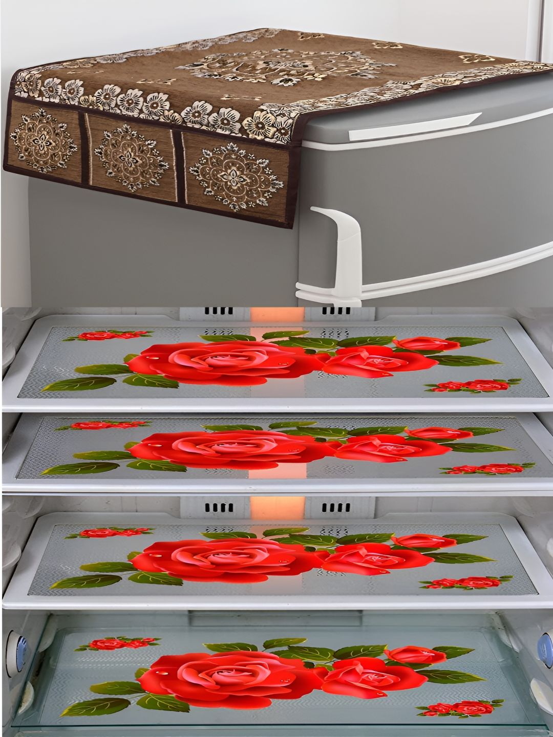 LooMantha 5-Pcs Brown & Beige Printed Refrigerator Cover &  Fridge Mats-picture-30