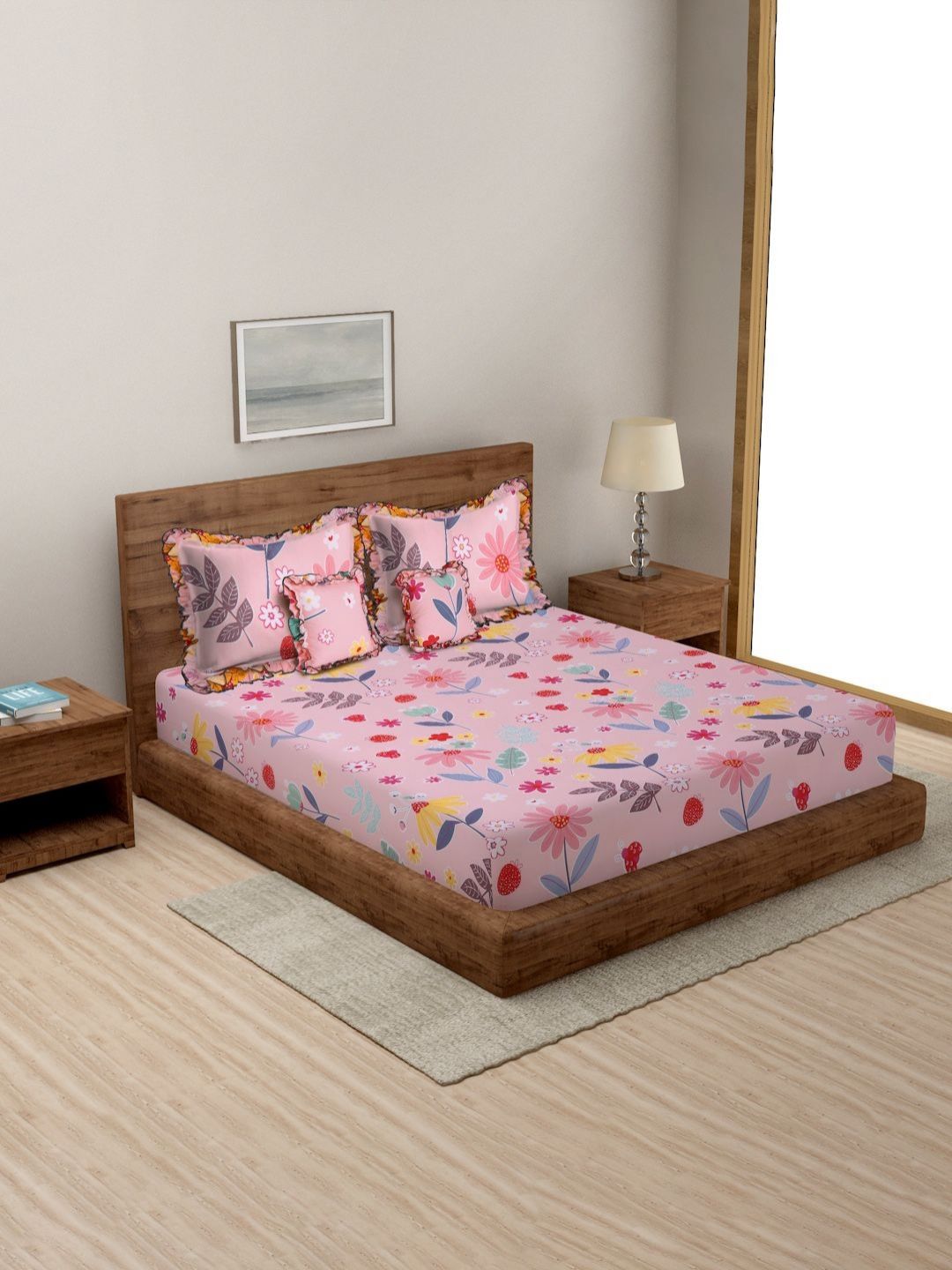 MORADO Pink & Red Floral Cotton 5 Piece Double Queen Fine Bedding Set-image-23