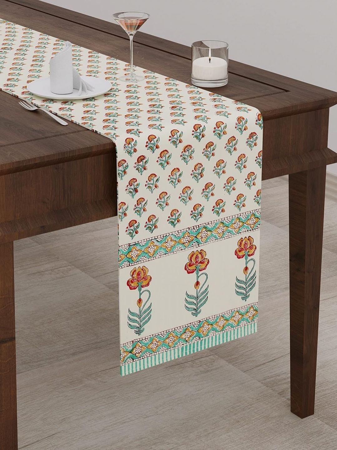 BLOCKS OF INDIA  Cream & Blue Printed Table Runner