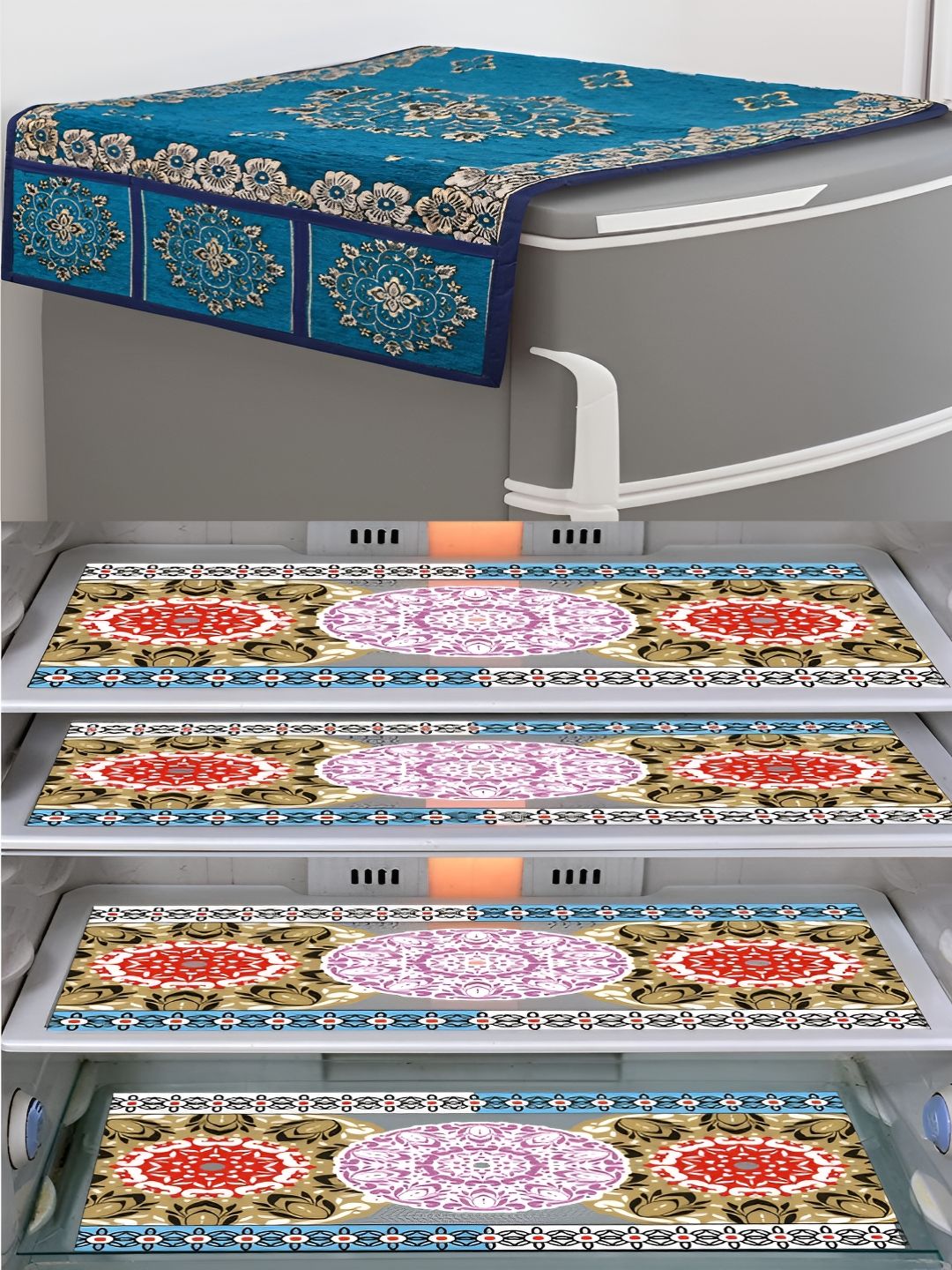 LooMantha 5Pcs Orange & White Floral Printed Fridge Mats & Top Cover-picture-58