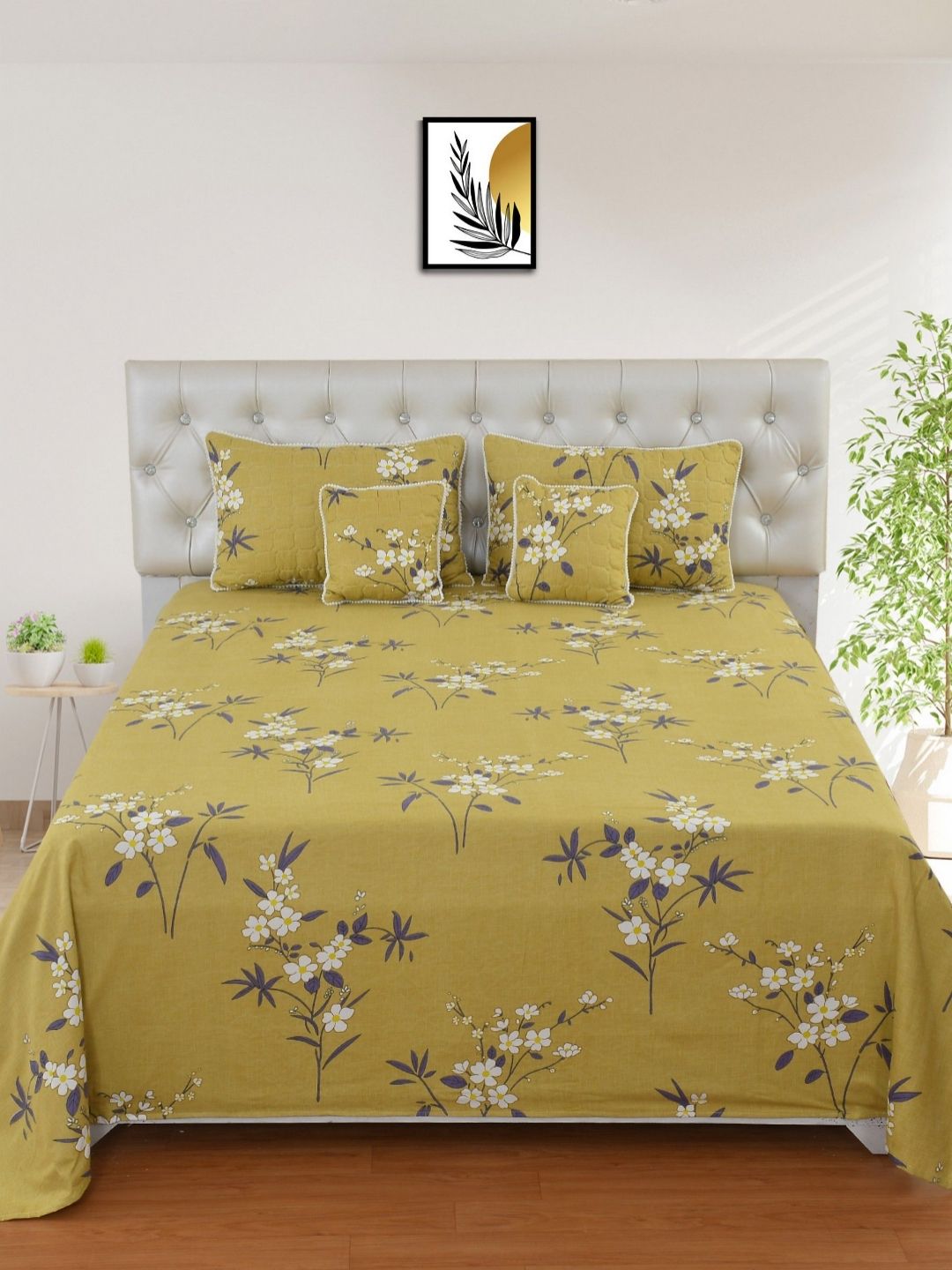 BREVARD Yellow Floral Cotton 5 Piece Double King Regular Bedding Set-image-5