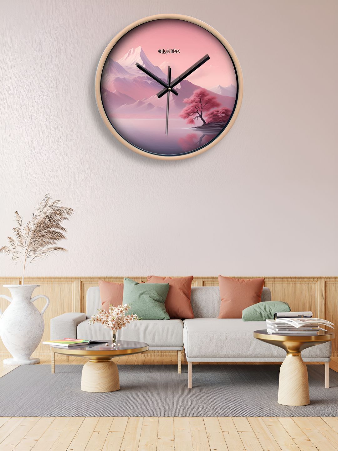 OLIVE TREE Cream-Coloured & Pink Printed Contemporary Wall Clock-image-35