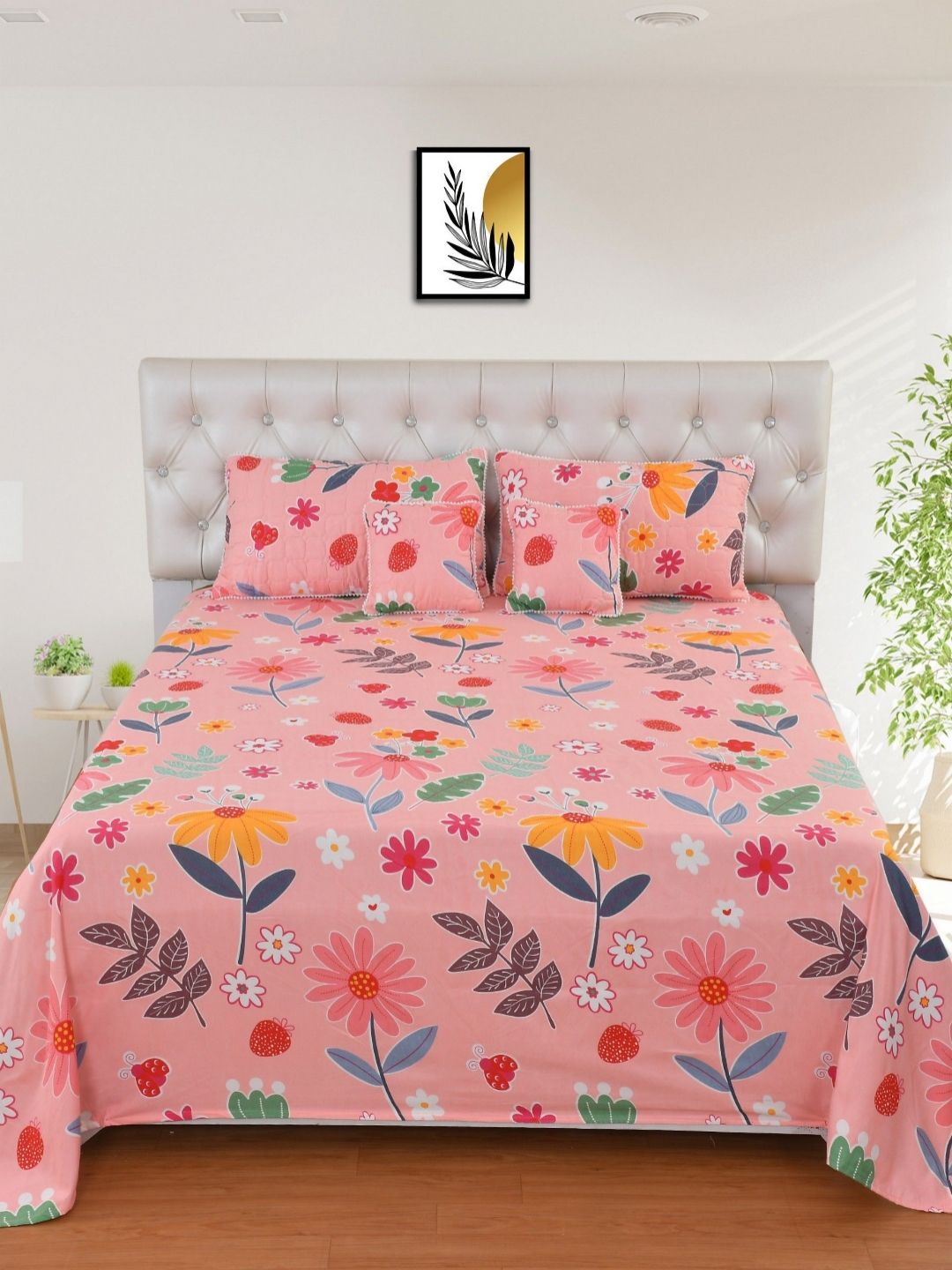 MORADO Blue & Yellow Printed Cotton Double Bedsheet With 2 Pillow Cover & 2 Cushion Filler-picture-21