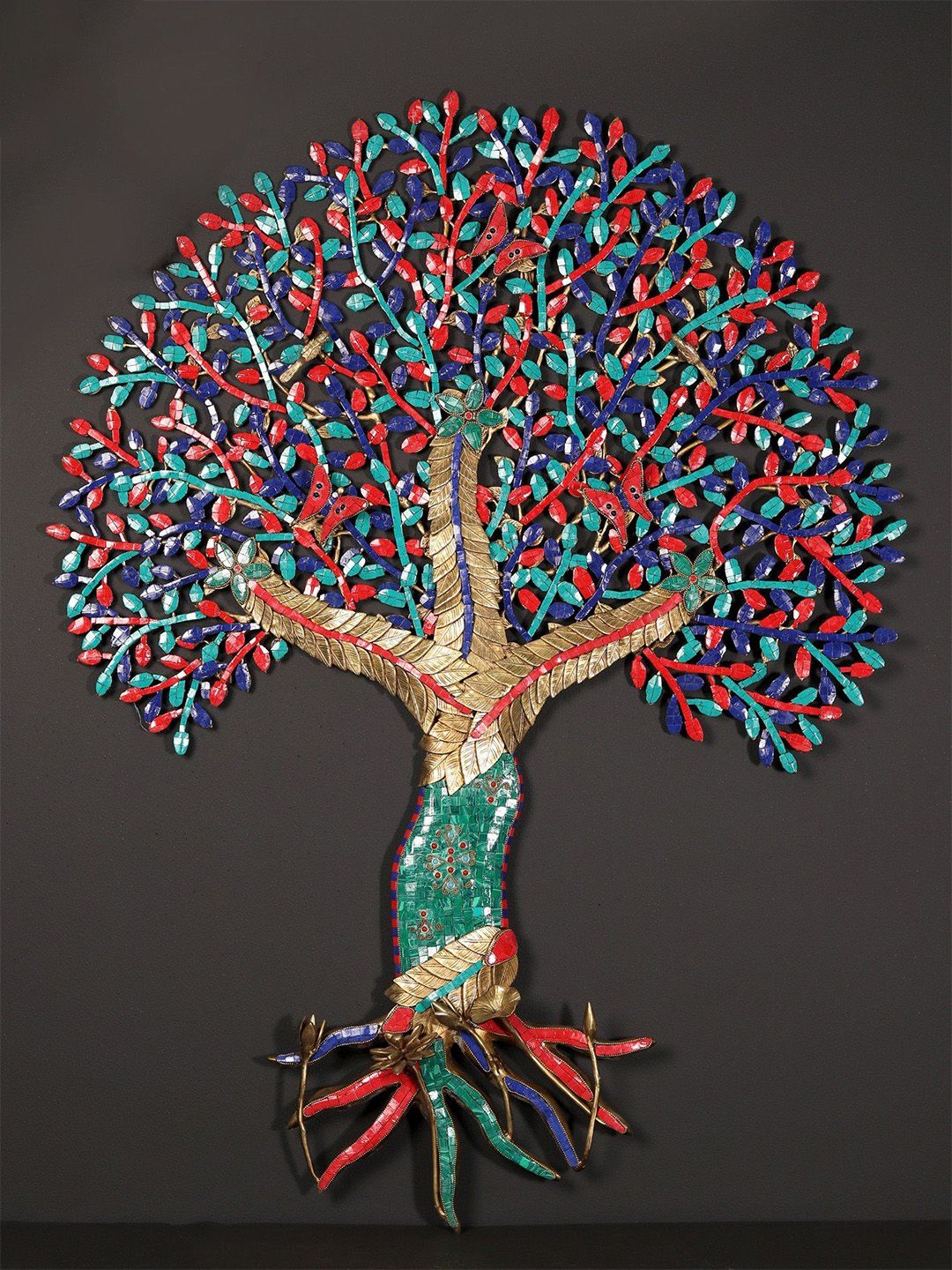 Exotic India Green & Blue Brass Textured Tree With Inlay Wall Hanging-picture-22