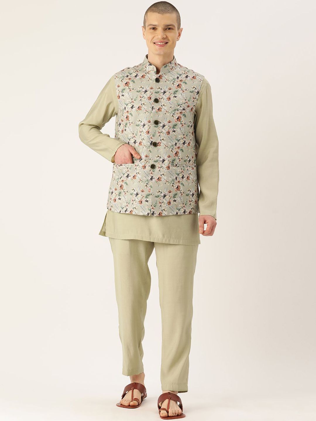 Sayisha Floral Printed Pure Cotton Satin Nehru Jacket-image-3