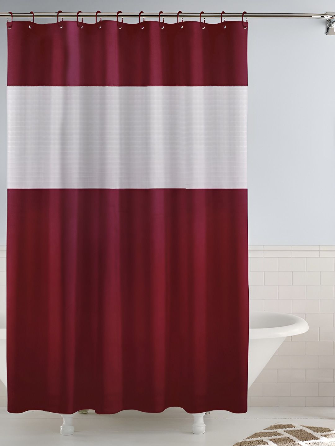 Story@home Maroon & White Shower Curtains With 12 Rings-picture-43