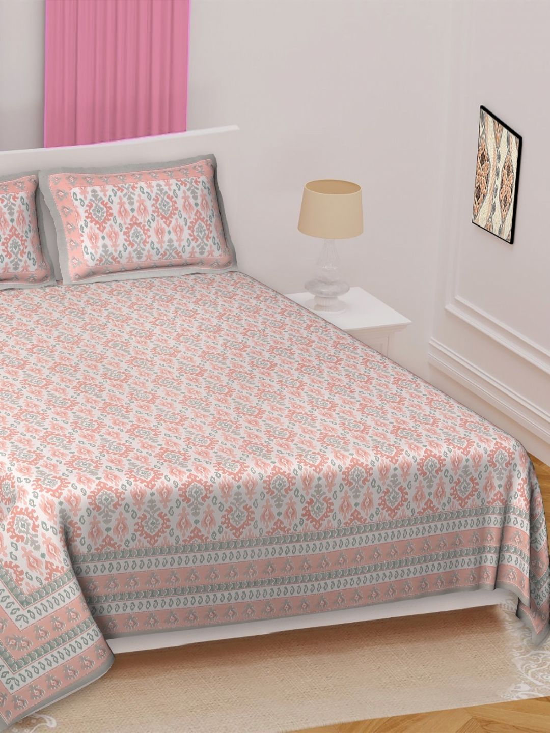 Texstylers Peach-Coloured Ethnic Motifs 220 TC Queen Bedsheet with 2 Pillow Covers-image-32