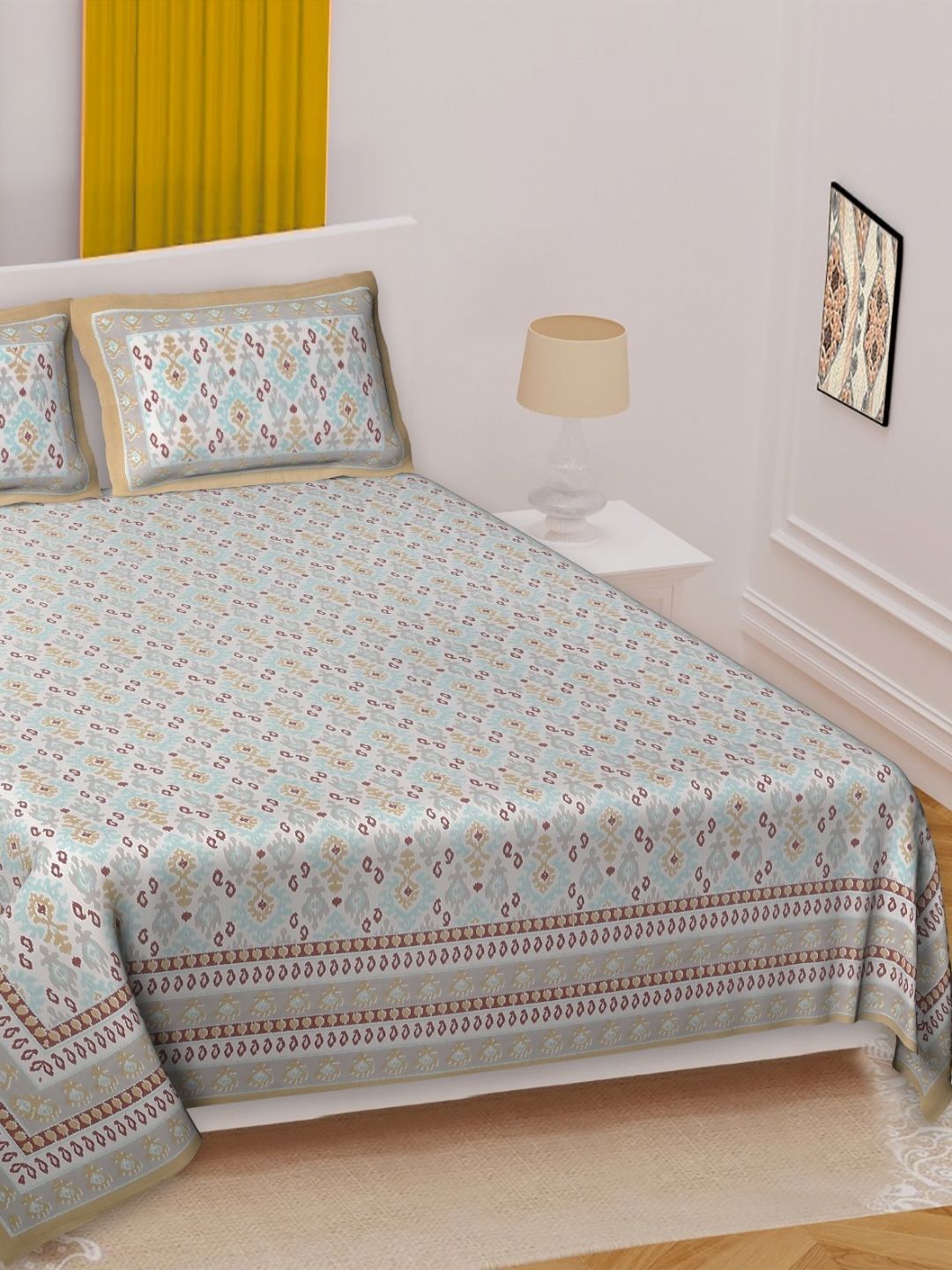 Texstylers Brown & Yellow Ethnic Motifs 220 TC Queen Bedsheet with 2 Pillow Covers-image-44