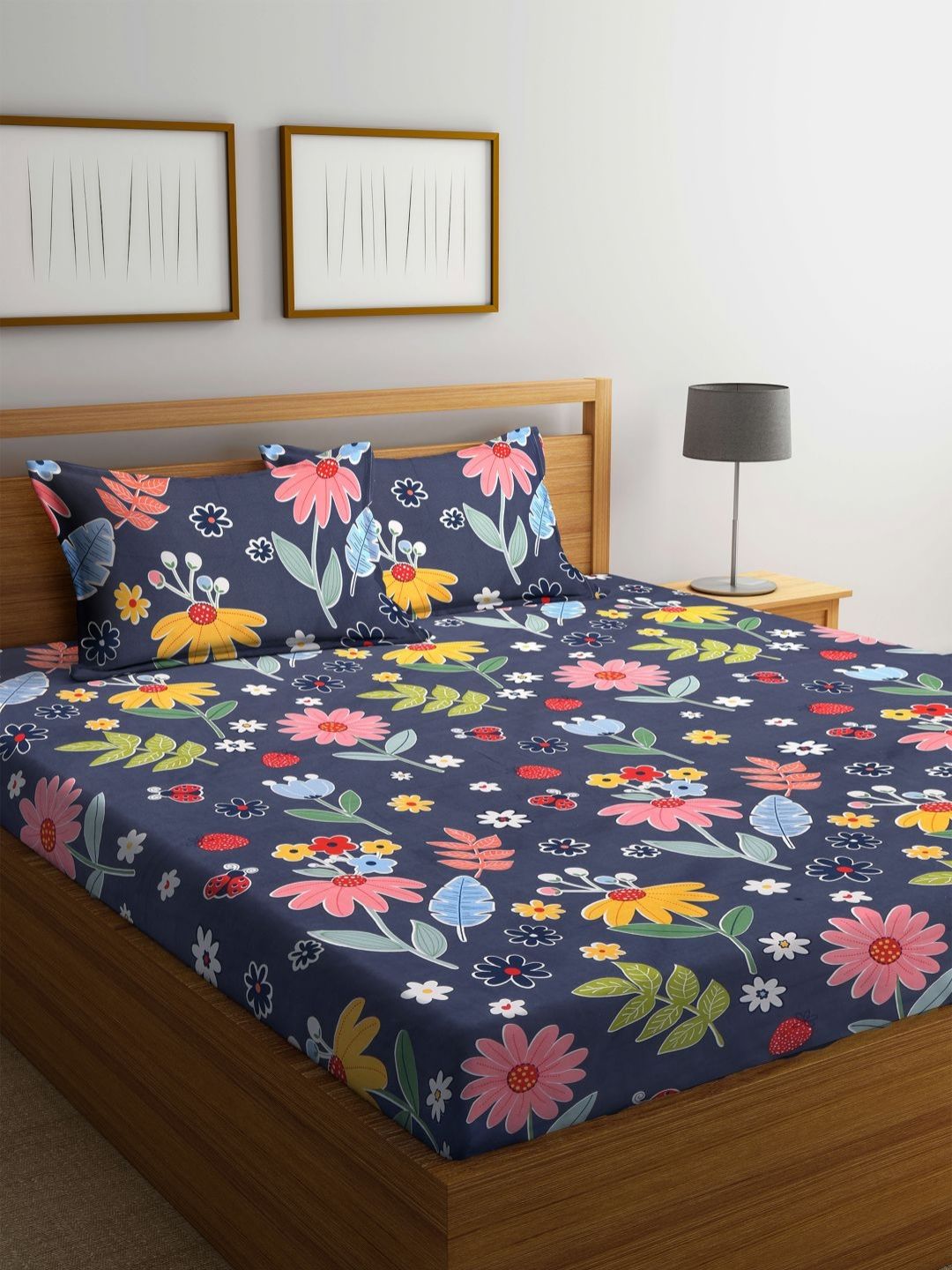 Aura Blue & Pink Floral 300 TC King Bedsheet with 2 Pillow Covers 2.50 m x 2.20 m-picture-37