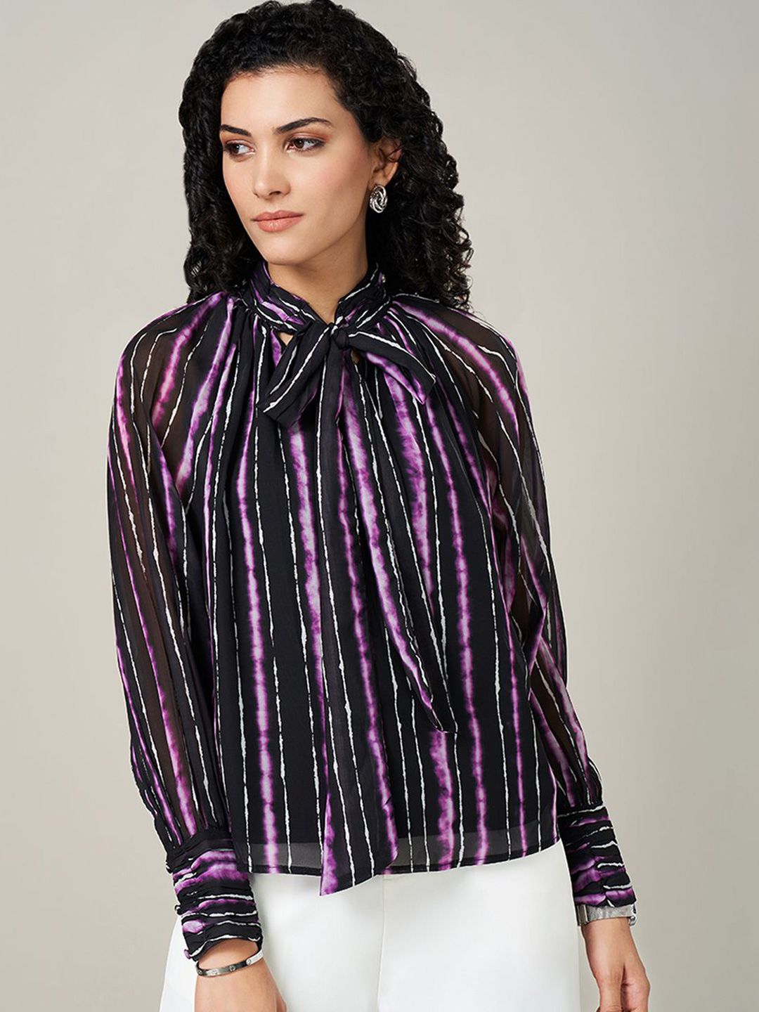 Annabelle by Pantaloons Women Striped Tie-Up Neck Cuffed Sleeves Top-picture-20