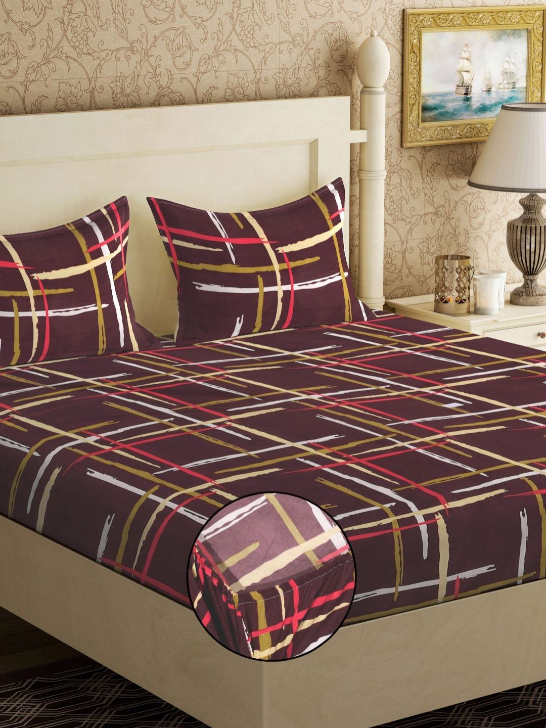Aura Brown & Gold-Toned Striped 300 TC King Bedsheet with 2 Pillow Covers 2.50 m x 2.25 m-picture-11