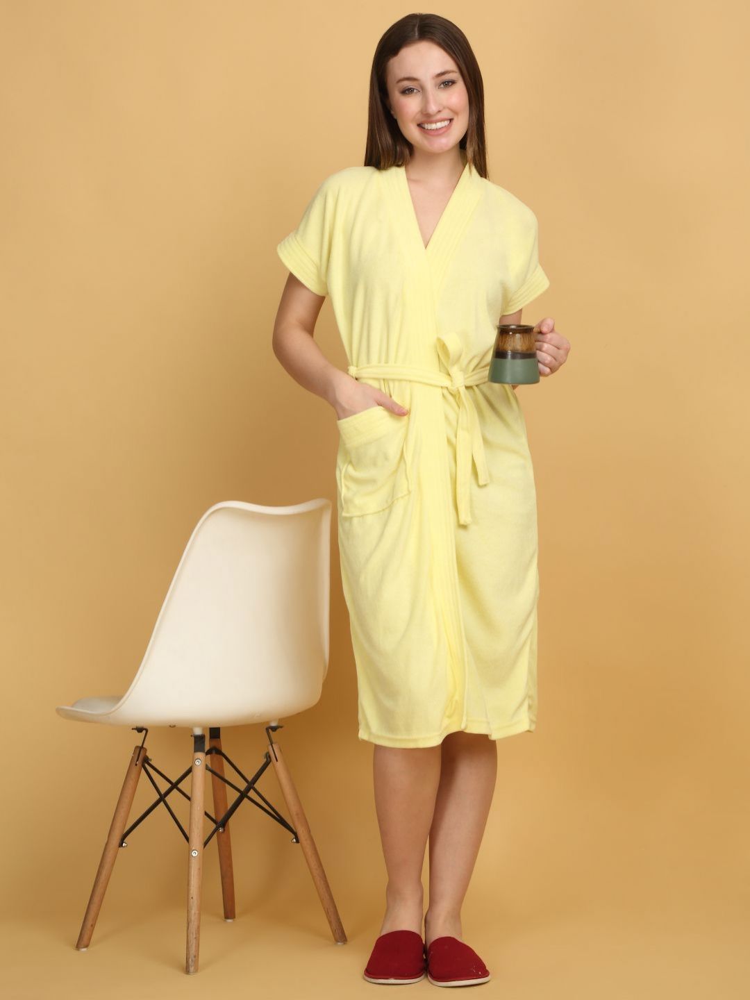 Creeva Yellow Kimono Collar Everyday Bath Robe-picture-52