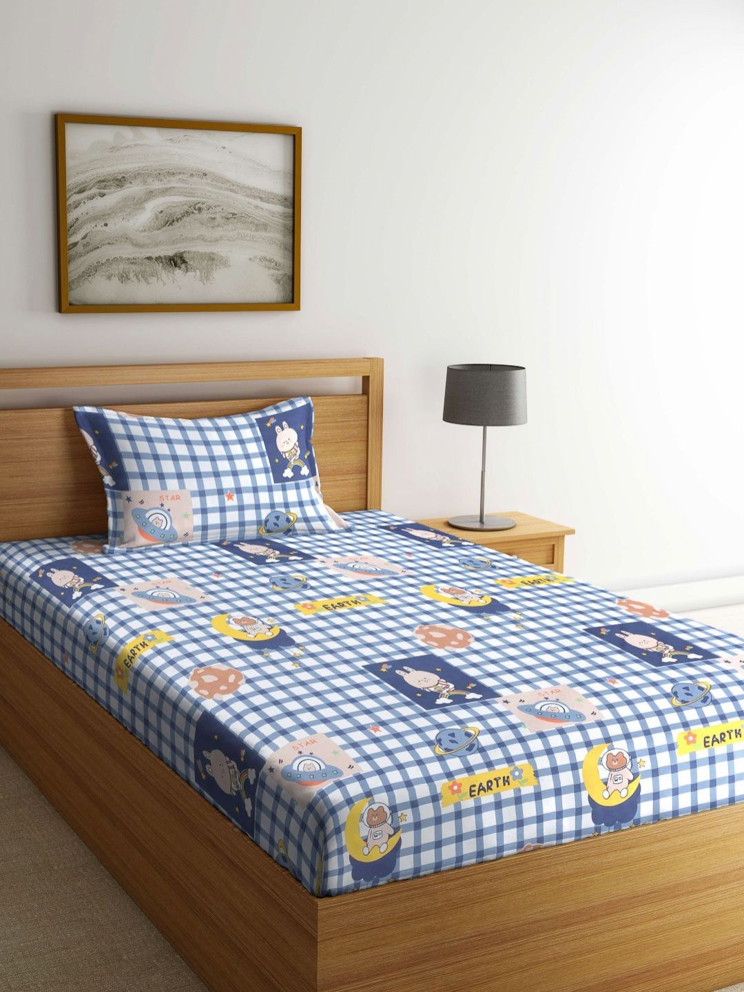 Aura White & Blue Cartoon Characters 300 TC Single Bedsheet Set 2.20 m x 1.50 m-picture-35