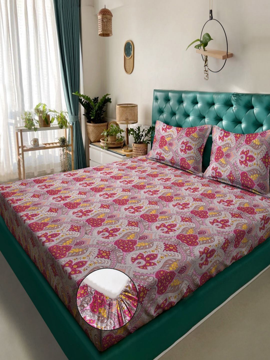 Aura Red & White Ethnic Printed Fitted 300TC King Bedsheet With 2 Pillow Cover-picture-20