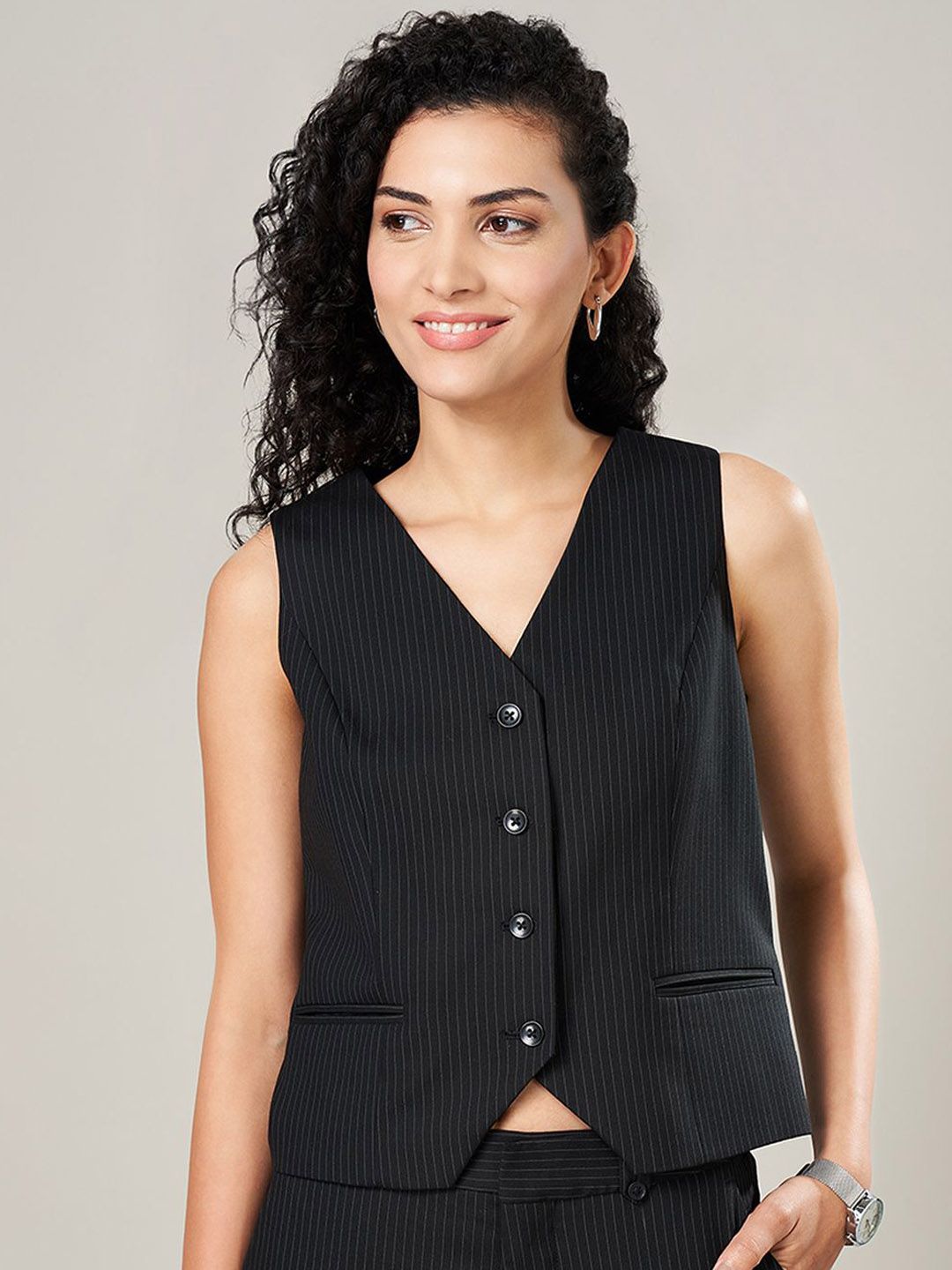 Annabelle by Pantaloons Striped V-Neck Sleeveless Waistcoat-image-42