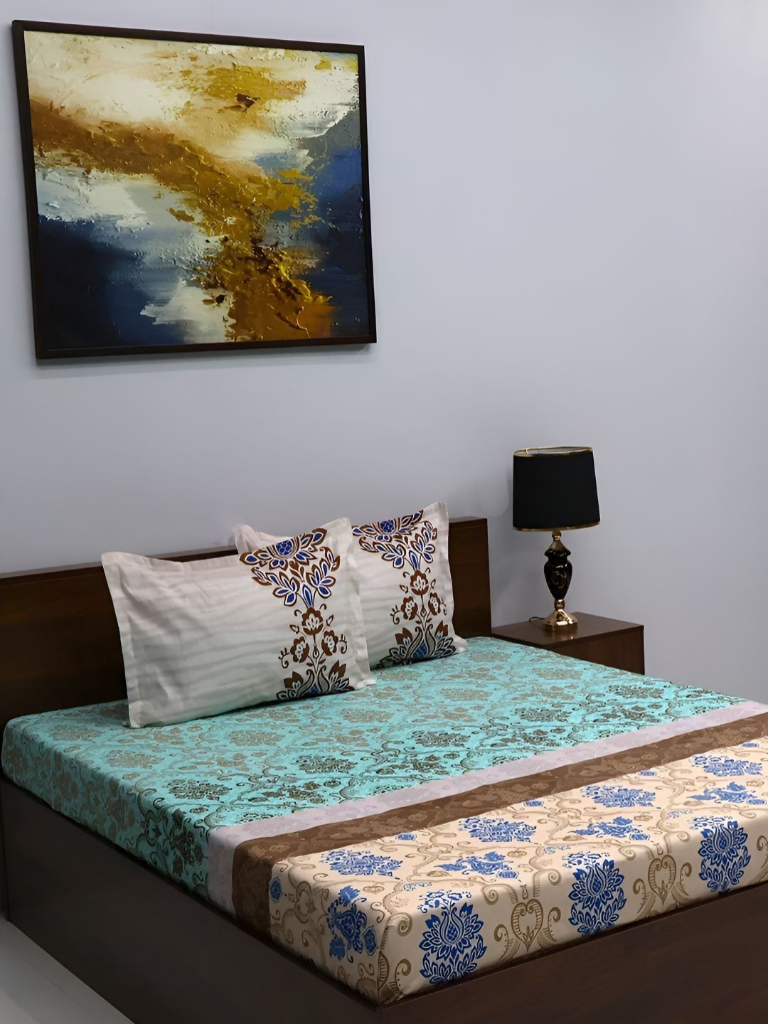 Steve & Anderson Turquoise Blue & White Ethnic Motifs 180 TC King Bedsheet with 2 Pillow Covers-picture-30