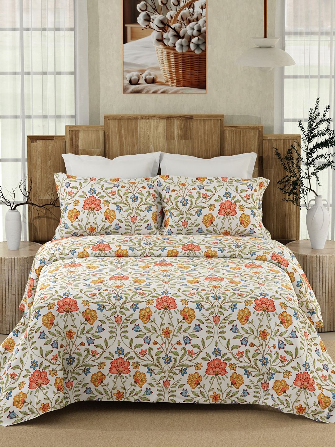 color sense Layers White & Orange Floral 200 TC King Bedsheet with 2 Pillow Covers-picture-25