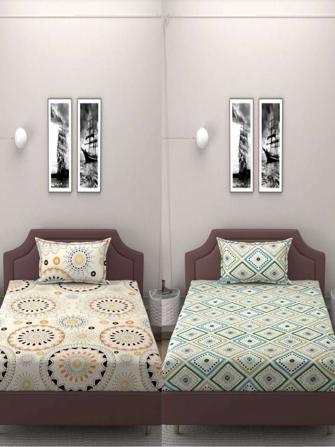 BELVOSTUM Green & Cream-Coloured Geometric 250 TC 2 Single Bedsheet with 2 Pillow Covers-picture-32