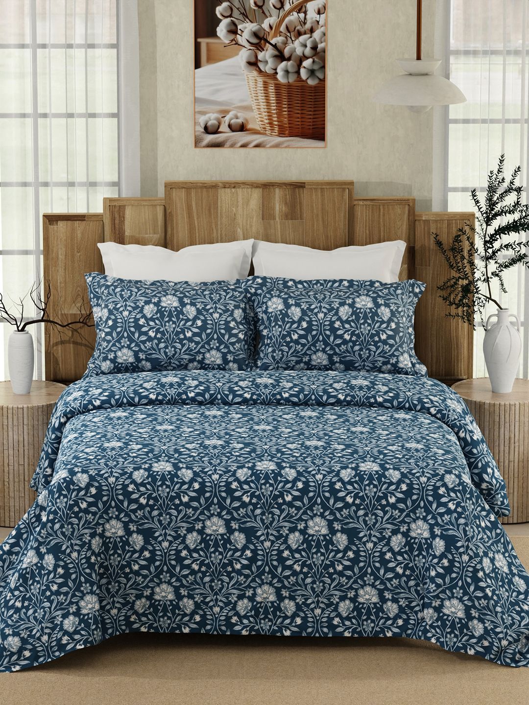 color sense Layers Navy Blue & White Floral 200 TC King Bedsheet with 2 Pillow Covers-picture-41