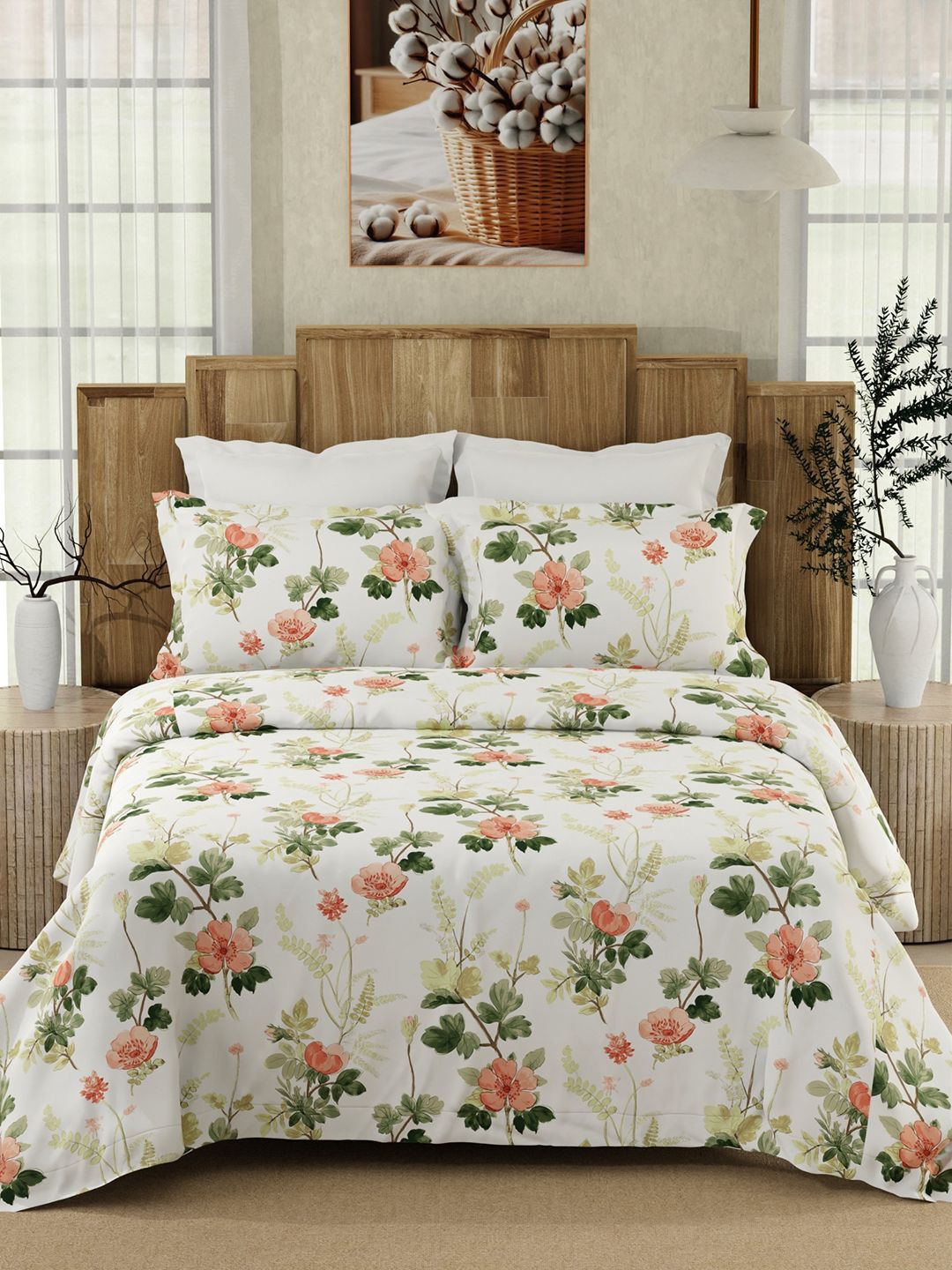 color sense Layers White & Orange Floral 200 TC Queen Bedsheet with 2 Pillow Covers-picture-24