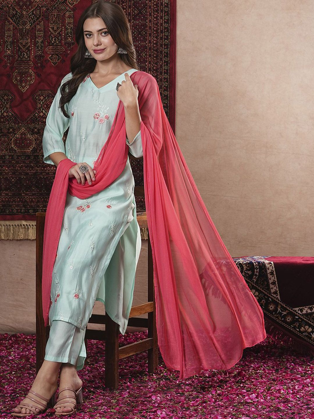 Anni Designer V-Neck Floral Embroidered Regular Straight Kurta with Trousers & Dupatta