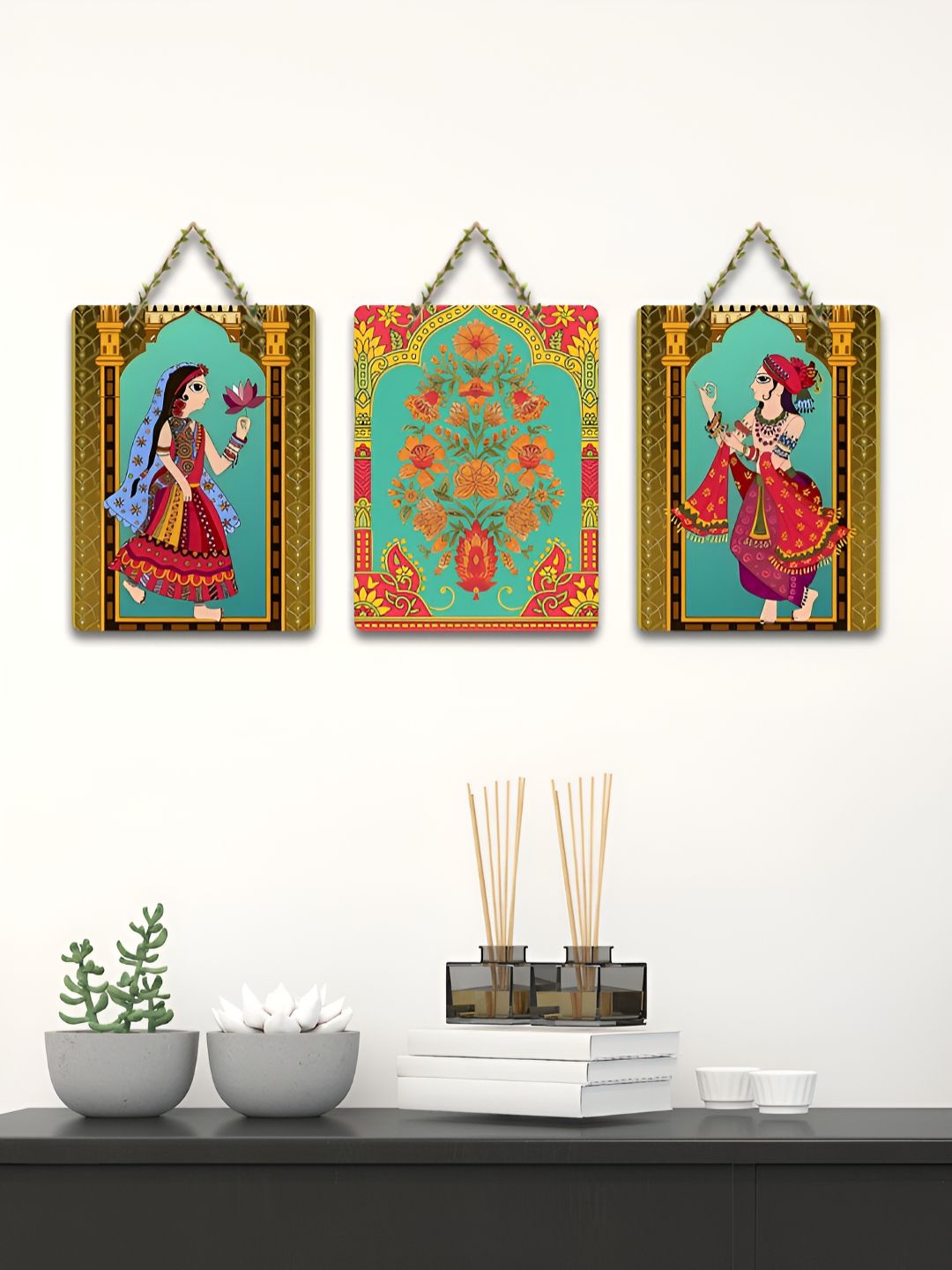 ArtVibes 3-Pcs Green & Red Printed Wooden Wall Decors-picture-23
