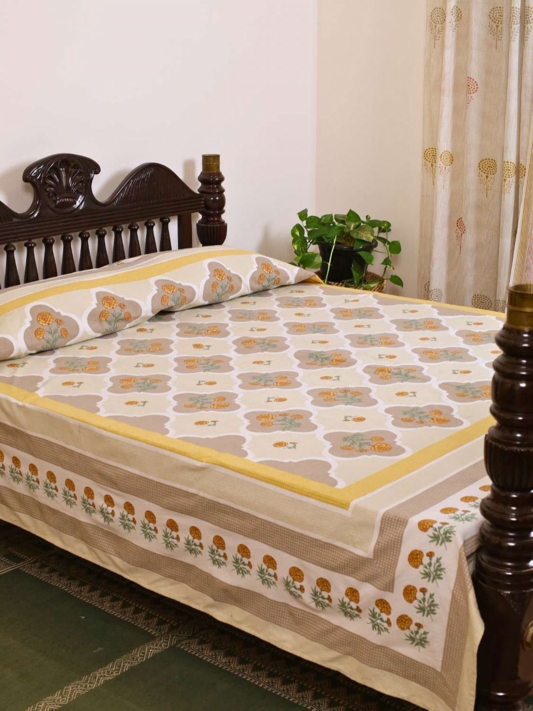 Peepul Tree Taupe & Yellow Printed Pure Cotton Double Bed Cover-image-18