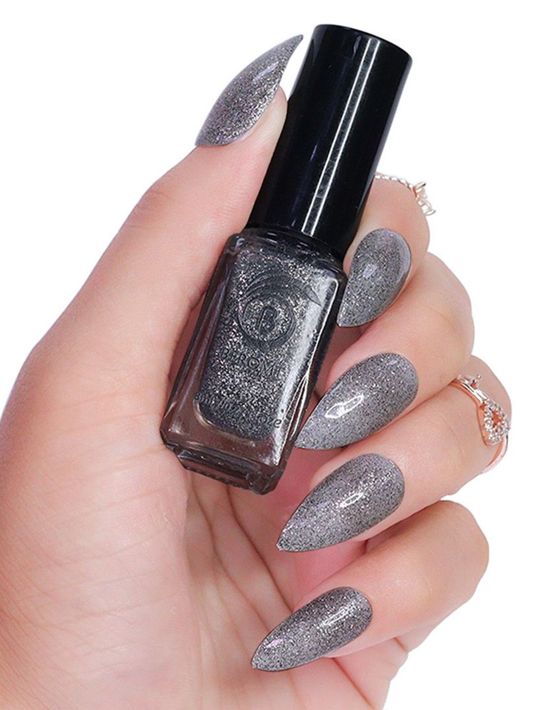 BEROMT Reflective Glitter Nail Polish - 8 ml - Black Metal Silver BNP 326-image-4